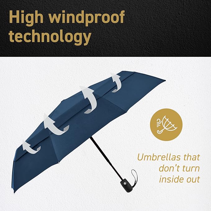 Windproof Compact Umbrella for Rain - 42” Travel Umbrella, Portable, Strong, Collapsible to 11”, Automatic Open Close Button, Vented Double Canopy with Fiberglass/Steel Frame, Wind Resistance to 55MPH