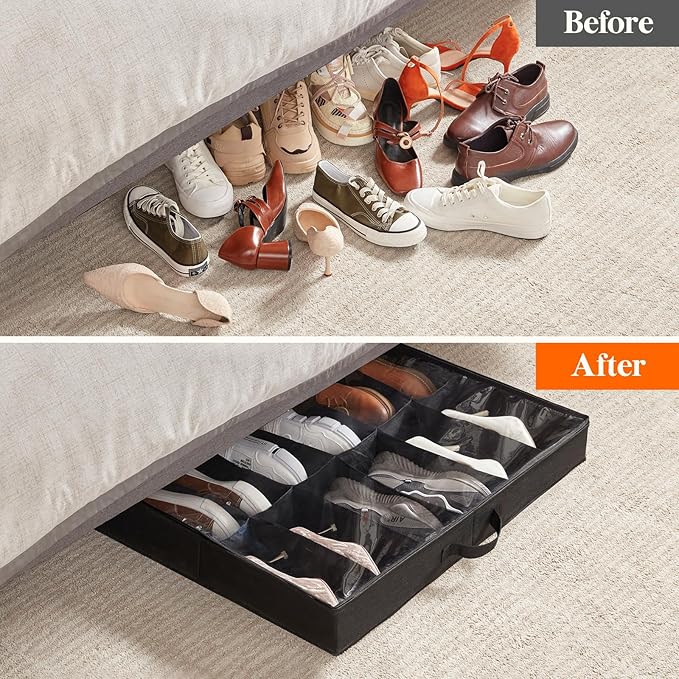 Lifewit Under Bed Shoe Storage Organizer 4 Pack(2x12 Pairs+2x4 Pairs), 4.3" Tall Fabric Shoes Container Box, Foldable Closet Shoe Bag with 2 Reinforced Handles and Clear Cover, Black