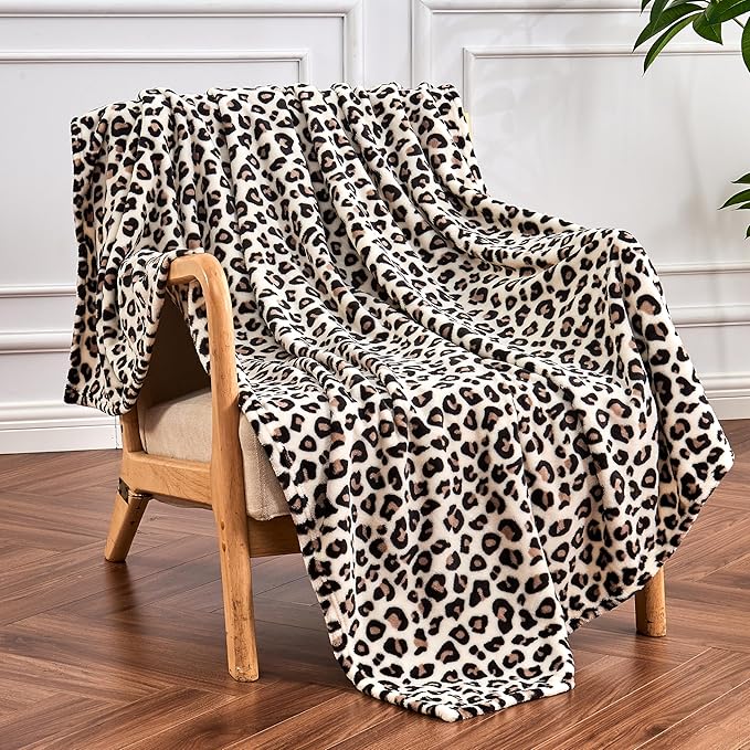 Leopard Print Blanket Fleece Throw for Bed Sofa Travel and Camping, Super Soft Cozy Fluffy Plush Cheetah Print Blanket for All Seasons 60"x80" (Cream)