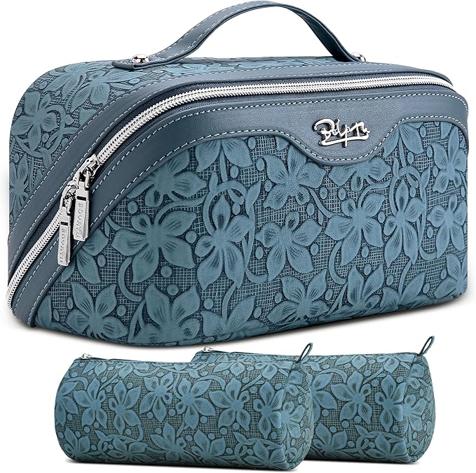 BOYATU Travel Makeup Bag Cosmetic Bags for Women: Large Capacity 3 Pcs Set Make up Bag with Compartments - Waterproof Vegan Leather Toiletry Organizer Bags with Handle (Z-63Blue)
