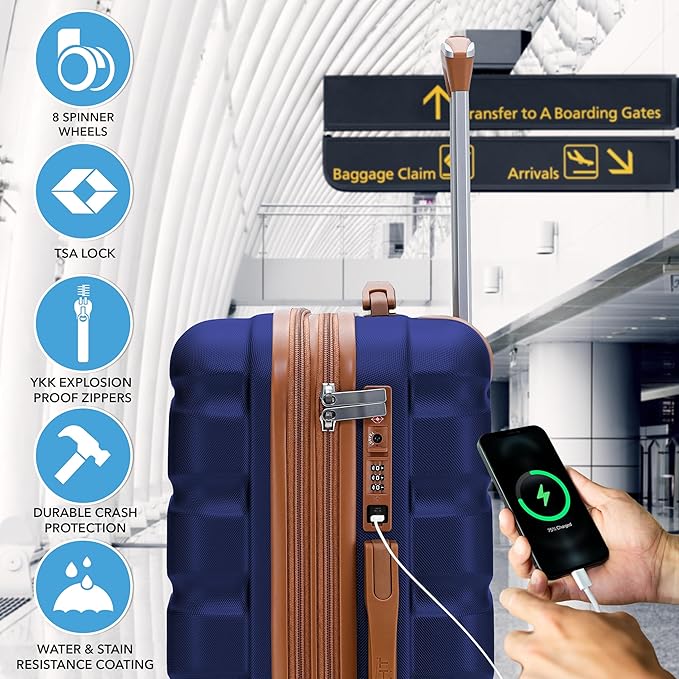 Flight Knight 24x16x10 Expandable Carry On Suitcase Hardside TSA Lock USB C Lightweight Luggage Silent Double Spinner Wheels Maximum Overhead Carry-On Bag For Virgin South West Approved Navy/Tan