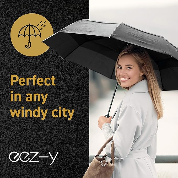 Windproof Compact Umbrella for Rain - 42” Travel Umbrella, Portable, Strong, Collapsible to 11”, Automatic Open Close Button, Vented Double Canopy with Fiberglass/Steel Frame, Wind Resistance to 55MPH