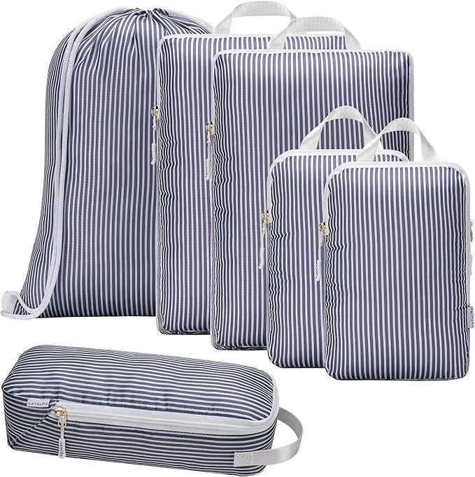 Compression Packing Cubes for Travel 6PC Set - Suitcase Organizer & Space Saver Bags for Carry On Luggage with Drawstring Backpack Grey Stripe