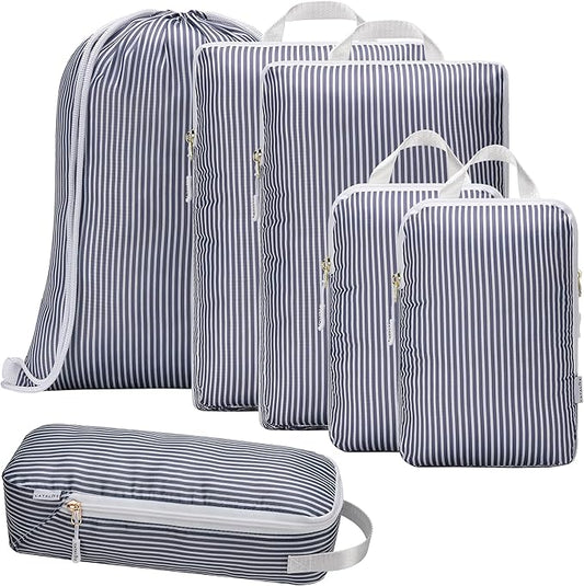 Compression Packing Cubes for Travel 6PC Set - Suitcase Organizer & Space Saver Bags for Carry On Luggage with Drawstring Backpack Grey Stripe