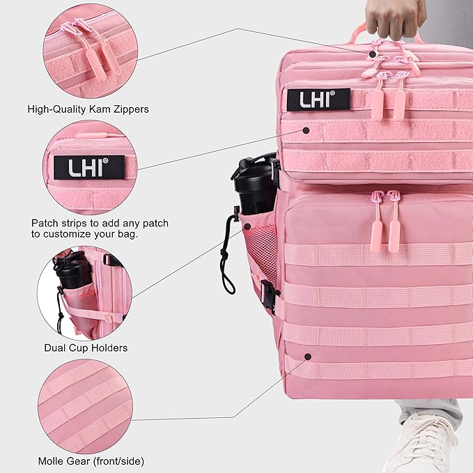 LHI Military Tactical Backpack for Men and Women 45L Army 3 Days Assault Pack Bag Large Rucksack with Shoe Compartment - Pink