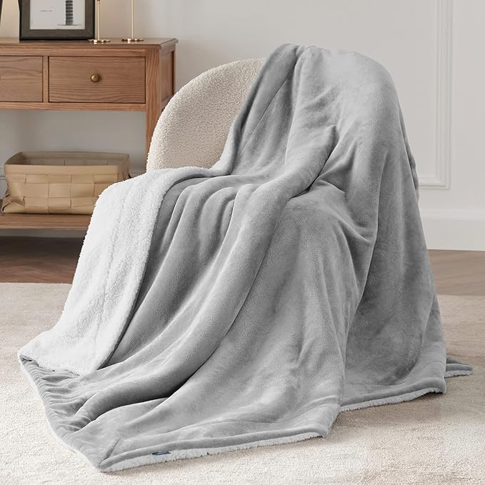 Bedsure GentleSoft Sherpa Fleece Twin Size Blanket for Couch, Non-Heated, Thick and Warm Throw for Women and Men, Soft Fuzzy Plush Twin Blanket for Winter, Light Grey, 60x80 Inches