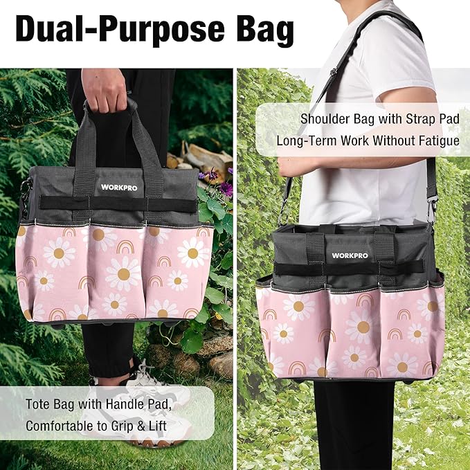 WORKPRO Garden Tool Bag Organizer, Heavy Duty Gardening Tote Bag with 10 Pockets and Long Adjustable Shoulder Strap, Standable Garden Home Tool Kits Organizer, Floral Pink (Tools are not Included)
