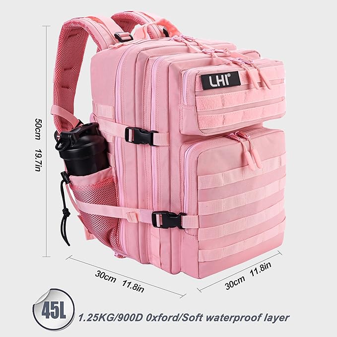 LHI Military Tactical Backpack for Men and Women 45L Army 3 Days Assault Pack Bag Large Rucksack with Shoe Compartment - Pink