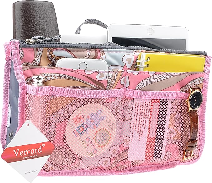 Vercord Purse Organizer Insert for Handbags Bag Organizers Inside Tote Pocketbook Women Nurse Nylon 13 Pockets Pink Flowers Large
