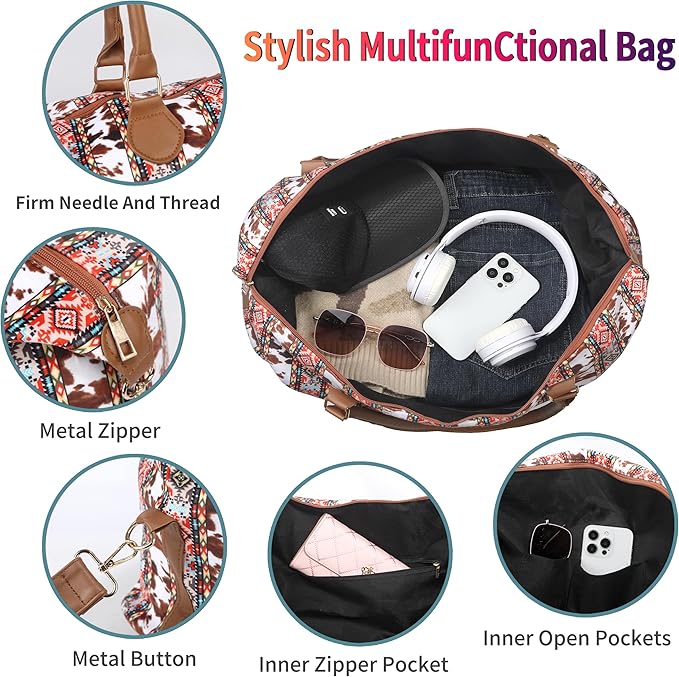 Weekender Bag Duffle Bag For Women Large Travel Tote Bag Overnight Weekend Bags With Shoulder Strap Cow Leopard Atzec…