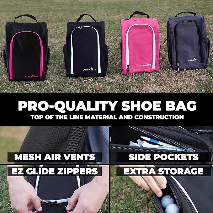 Athletico Golf Shoe Bag - Zippered Shoe Carrier Bags With Ventilation & Outside Pocket for Socks, Tees, etc. (Gray)