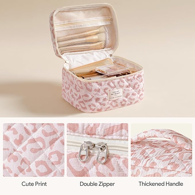 HBselect Quilted Makeup Bag, 3PCS Cotton Large Travel Makeup Bag, Cute Floral Coquette Make up Bag Cosmetic Bag Toiletry Bag for Women Girls