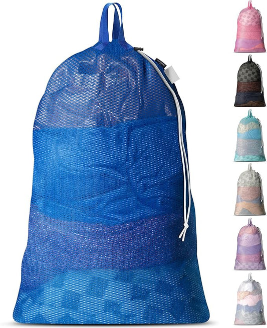 Large Mesh Laundry Bags - Heavy Duty with Handles & Drawstring - Machine Washable Net Laundry Sacks for College Dorm, Camp, Travel, Bedding & Clothes Storage (Blue)