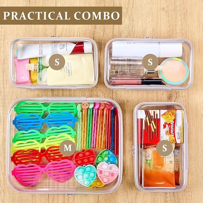 4 pcs Clear Zipper Pouches,Hard Shell Zipper Case, Toiletry Bag for Travel, CLear Diaper Bag, Toiletry Pouch, Travel Organizer, Cosmetic Bag,Toy Storage Bins (M+3S) (Gray)
