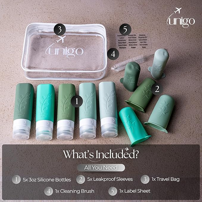 unigo Silicone Travel Bottles Set for Toiletries, Airplane Approved TSA Carry On Size, BPA Free Leakproof Refillable Squeeze Containers with Labels, Cleaning Brush and Covers (Green)