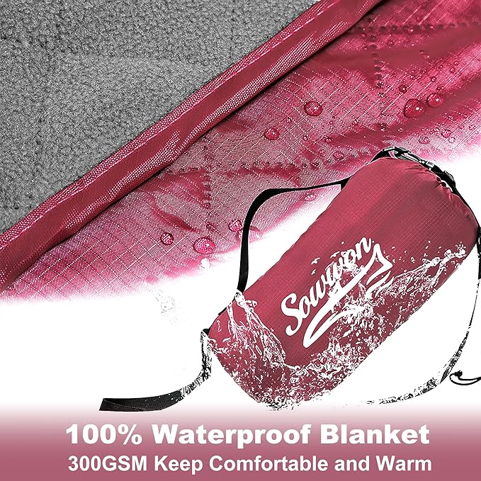 Waterproof Outdoor Blanket 82”X 55” Packable, Stadium Blankets for Camping with Quilted Fleece Lining, Large Windproof Emergency Throw Mat for Garss Picnic Hiking Road Trip, Machine Washable, Wine