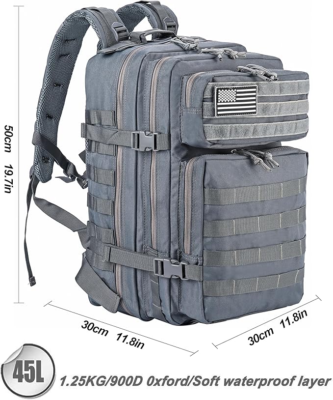 LHI Military Tactical Backpack for Men and Women 45L Army 3 Days Assault Pack Bag Large Rucksack with Molle System - Grey