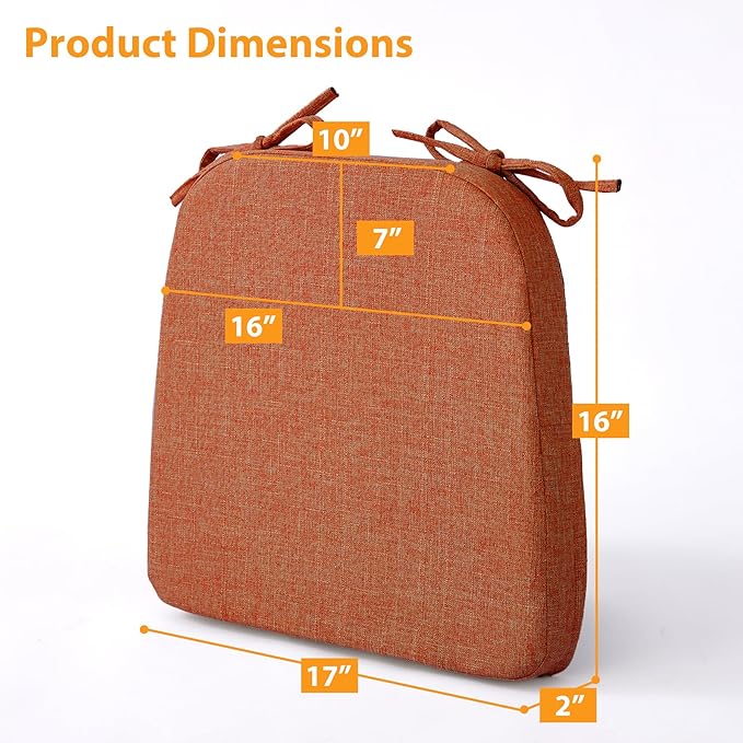 Chair Cushions for Dining Chairs, 2" Thick Seat Cushions for Kitchen Chairs, D-Shaped Chair Pads with Washable Cover, Ties and Non Slip Backing, 17'' x 16'', Set of 2, Orange