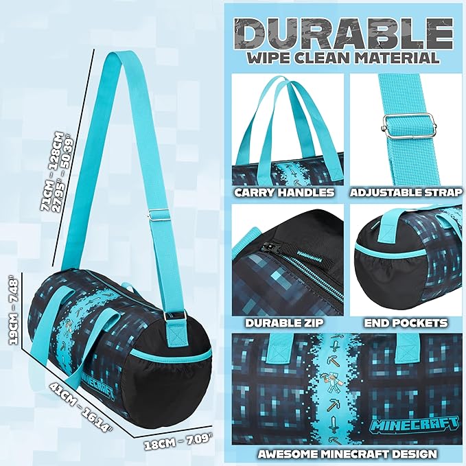 Minecraft Gym Bag for Kids Teens Duffle Bag Travel Overnight Sports Creeper Weekender Bag Carry On Holdall (Blue, 16.14x7.08x7.48inches)