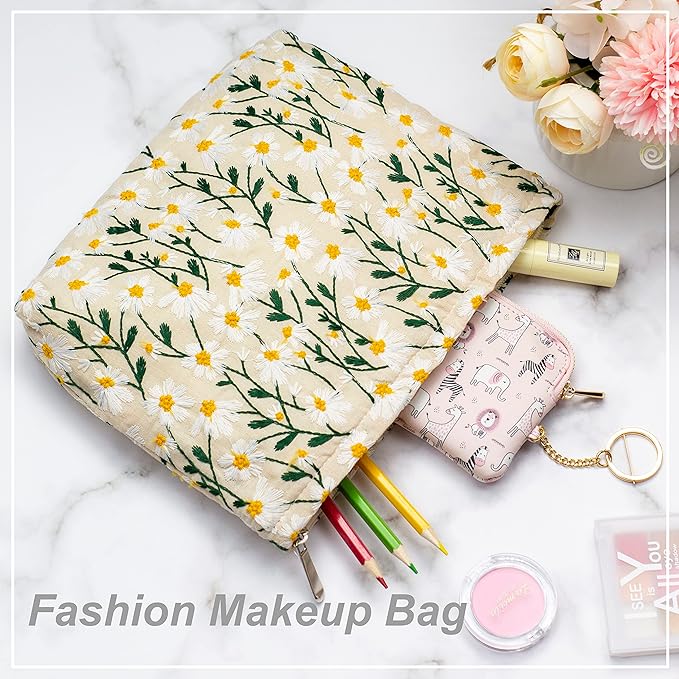 Makeup Bags for Purse Zipper Cosmetic Pouch Large Travel Canvas Make Up Organizer Tool Pouch for Women and Girls,Daisy White