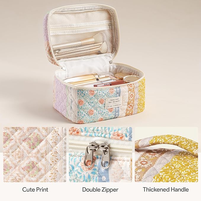 HBselect Quilted Makeup Bag, 3PCS Cotton Large Travel Makeup Bag, Cute Floral Coquette Make up Bag Cosmetic Bag Toiletry Bag for Women Girls