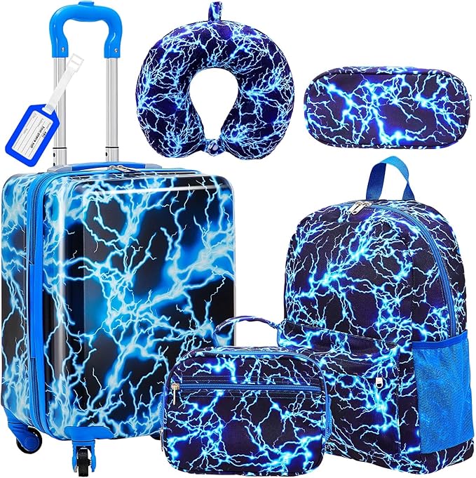 Redbaker 17 Inch 6 Pcs Kids Luggage Set Kids Rolling Luggage Double Pattern Suitcase for Boys Girls (Blue, Lightning Style)