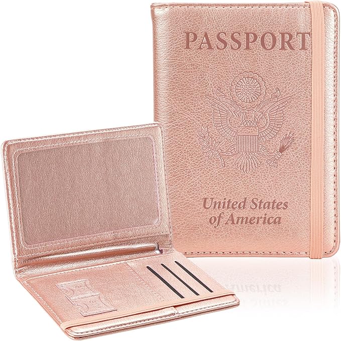 Passport Holder for Travel, RFID Blocking Passport Cover with Pen Holder Leather Passport Wallet Case Travel Must Haves Accessories Passport Book Card Holder for Family Travel Essentials, Rose Gold