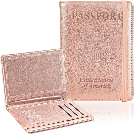 Passport Holder for Travel, RFID Blocking Passport Cover with Pen Holder Leather Passport Wallet Case Travel Must Haves Accessories Passport Book Card Holder for Family Travel Essentials, Rose Gold