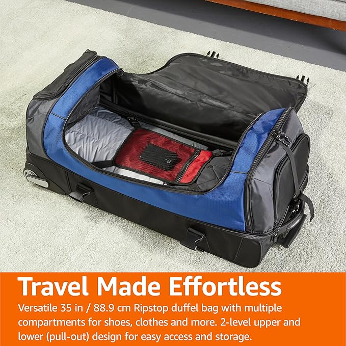 Amazon Basics 35-Inch Large Rolling Duffel Bag for Travel with Wheels and Handle, Durable Ripstop Polyester, 2 Layers of Space, Multiple Interior and Exterior Pockets, Blue