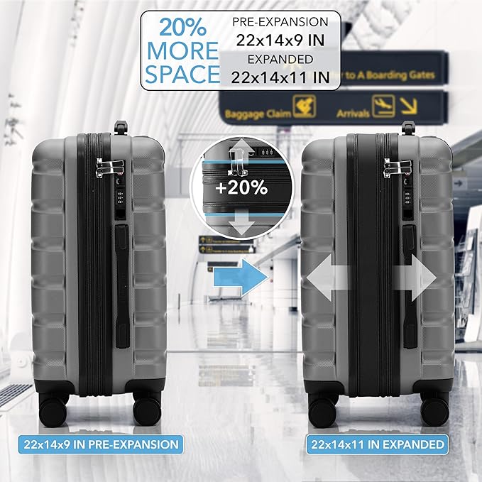Flight Knight 22x14x9" Expandable Carry On Suitcase Hardside TSA Lock USB C Port Lightweight Luggage Silent Double Spinner Wheels Maximum Overhead Carry-On Bag For American & United Approved Airlines