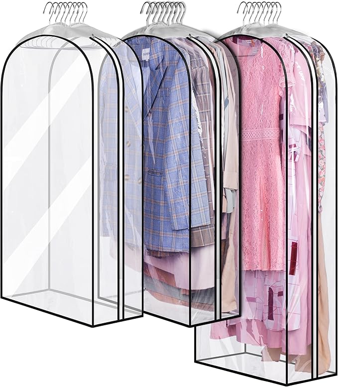 MISSLO 10" Gusseted All Clear Garment Bags for Hanging Clothes 40"+50" Suit Bags for Closet Storage Dresses Protectors for Shirts, Coats, Gowns, 3 Packs