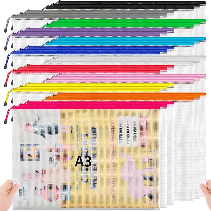 JARLINK A3 (16.5x12.6 in, 36 Pcs) Mesh Zipper Pouch, 12 Colors Extra Large Zipper Bags, Waterproof File Pouches for Office Supplies, Puzzles, Board Game, School, Travel Accessories & Craft Projects