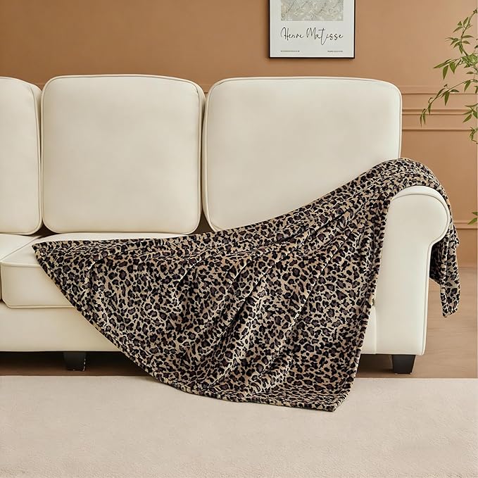 Leopard Print Blanket Fleece Throw for Bed Sofa Travel and Camping, Super Soft Cozy Fluffy Plush Cheetah Print Blanket for All Seasons 50"x60" (Mocha Brown)