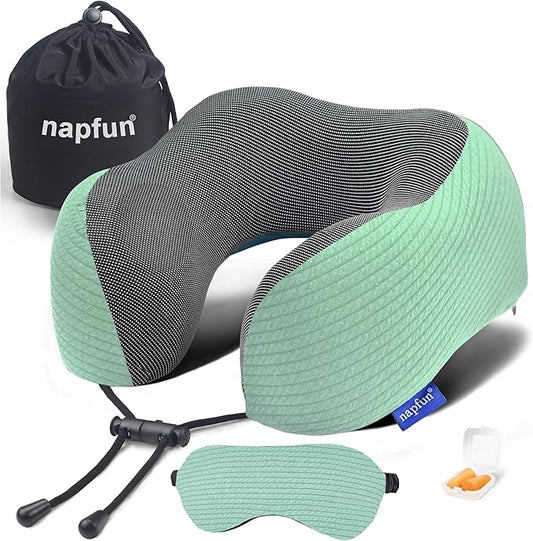 napfun Neck Pillow for Travel with Travel Pouch, Sleep Mask & Earplugs, Memory Foam Airplane Pillow for Headrest Sleep with Eyeshades, Plane Essentials with Eye Blindfold, Turquoise Striped Kit
