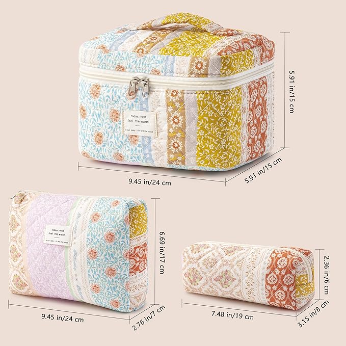 HBselect Quilted Makeup Bag, 3PCS Cotton Large Travel Makeup Bag, Cute Floral Coquette Make up Bag Cosmetic Bag Toiletry Bag for Women Girls
