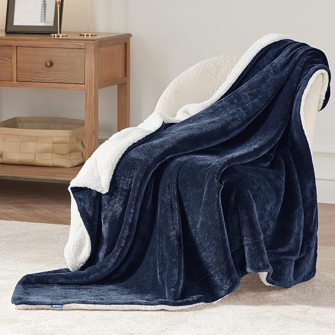 Bedsure GentleSoft Sherpa Fleece Twin Size Blanket for Couch, Non-Heated, Thick and Warm Throw for Women and Men, Soft Fuzzy Plush Heavy Twin Blanket for Winter, Navy, 60x80 Inches