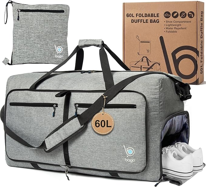 Bago Medium Duffle Bag for Travel Women & Men. Durable Lightweight Foldable Travel Duffel Bags For Traveling Women. 60L Duffle Bags For Overnight Bag With Shoe Compartment Collapsible Weekender duffel