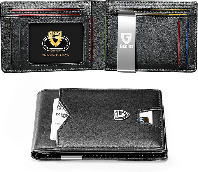 GSOIAX Slim Wallet for Men Rfid Blocking Leather Bifold Front Pocket Carbon Fiber Credit Card Holder Novelty Wallets With Gift Box (Black-money clip)
