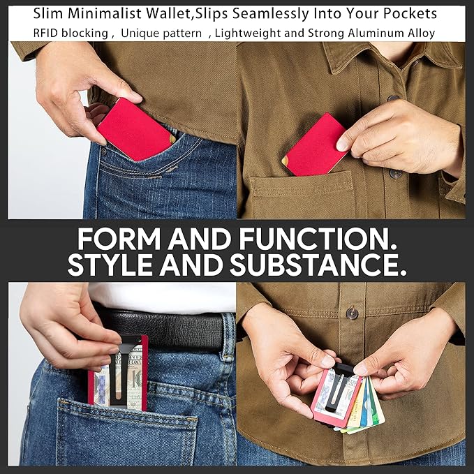 Minimalist Carbon Fiber Wallet for Men, Money Clip Cash Strap Wallet, RFID Blocking Metal Wallet Aluminum Card Holder,Front Pocket Wallet(Matte Red)