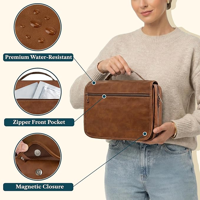 PAVILIA Hanging Toiletry Bag Women Men, Foldable Cosmetic Organizer Travel Bag, Water Resistant Makeup Bag Toiletries, Large Travel Essentials Kit (Brown)