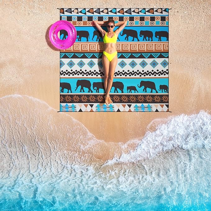 HIHOHO Beach Blanket Waterproof Sandproof Beach Mat for 1-8 Adults Quick Drying Durable Outdoor Picnic Mat for Beach Festival Travel Camping Hiking (Elephant-GN, 79"×83"(4 Person))