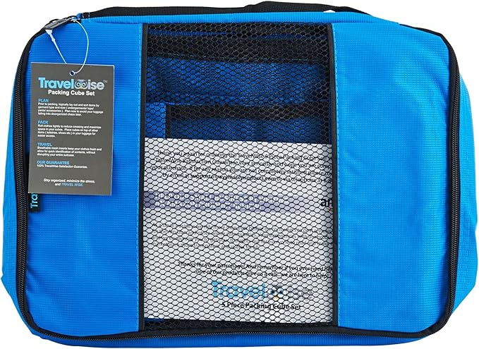 TravelWise 5 Piece Packing Cubes Set, Lightweight Luggage Organizer with Mesh Panels and 2 Way Zippers, Includes Small, Medium and Large Cubes for Travel, Blue