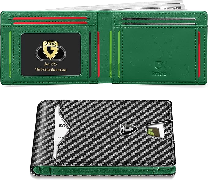 GSOIAX Slim Wallet for Men Rfid Blocking Leather Bifold Front Pocket Carbon Fiber Credit Card Holder Novelty Wallets With Gift Box (Green and Carbon Black)