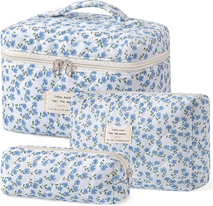HBselect Quilted Makeup Bag, 3PCS Cotton Large Travel Makeup Bag, Cute Floral Coquette Make up Bag Cosmetic Bag Toiletry Bag for Women Girls