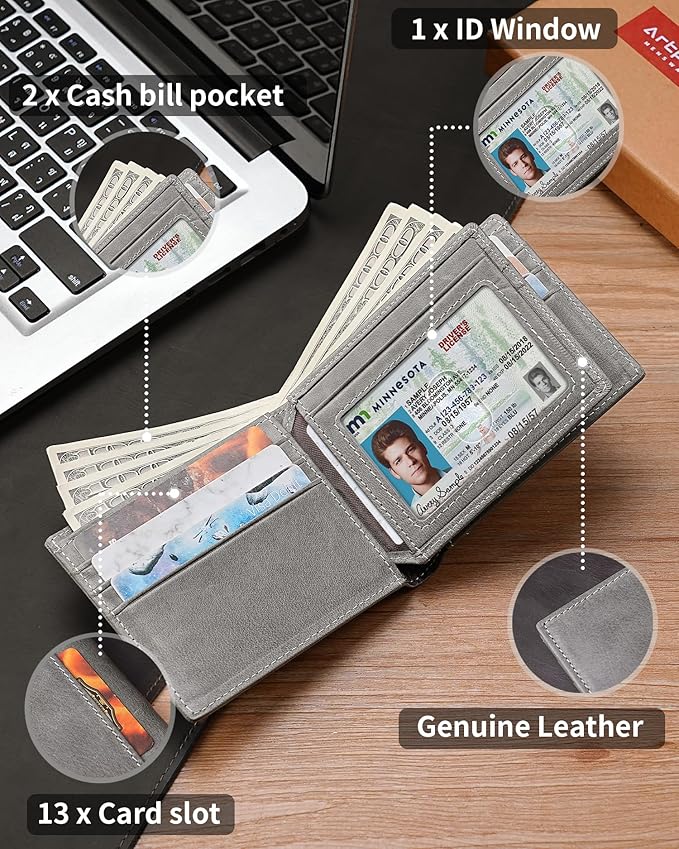 Artpaxy Mens Wallet Bifold Genuine Leather RFID Blocking Wallet for Men with 1 ID Windows 13 Card Holders 2 cash pockets 1 Gift Box