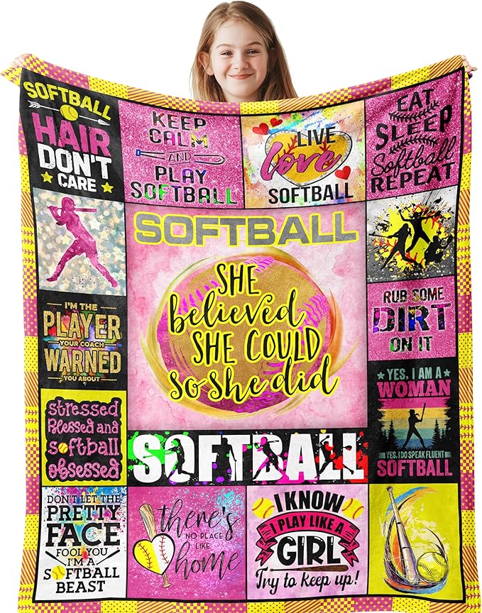 Softball Accessories Gifts for Girls Team, Softball Blanket Birthday Party Favors for Lover/Player 50" x 40"