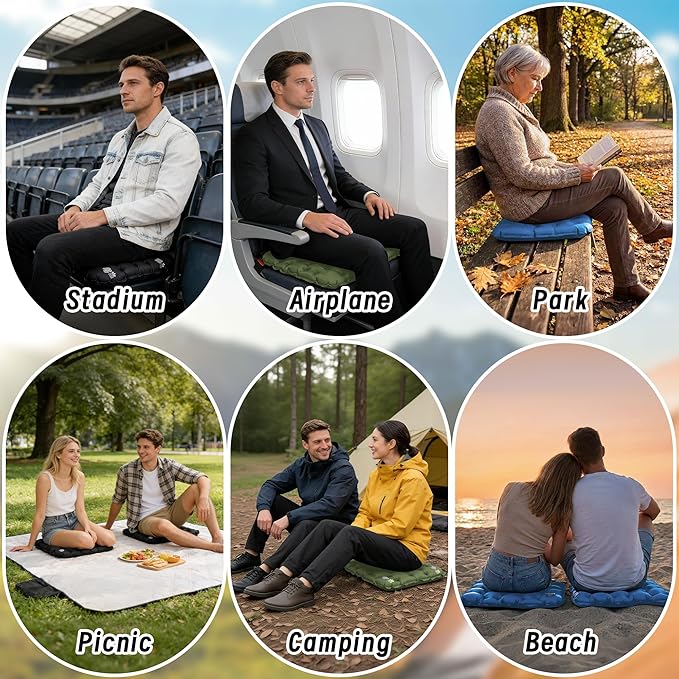Inflatable Seat Cushion, Lightweight Camping Air Sitting Pad with Repair Cloths, Waterproof Air Cushion, Portable Air Seat Cushion for Climbing Hiking Office Airplane Car Stadium Seat