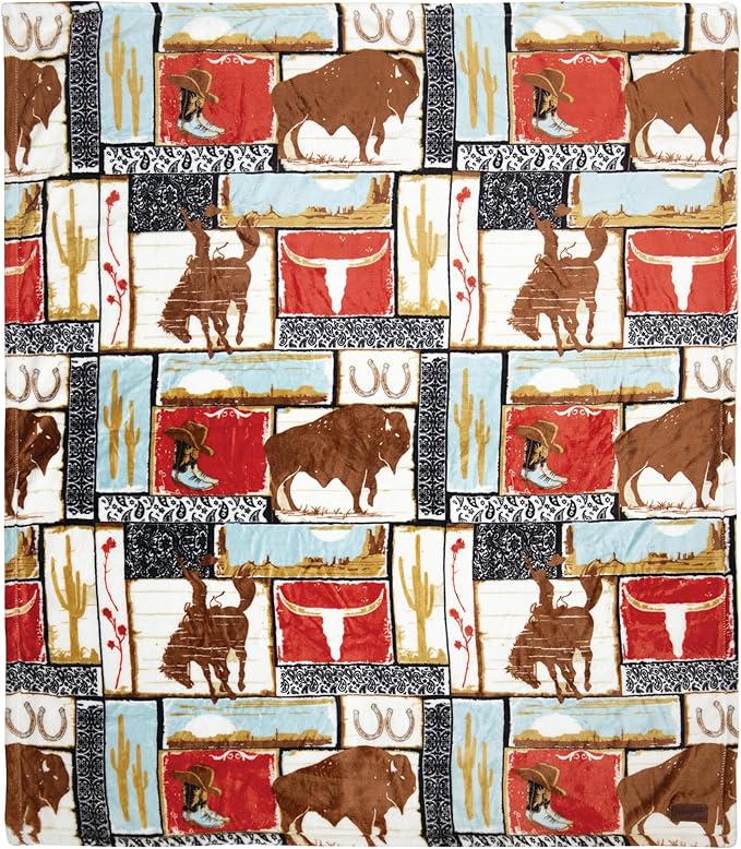 CARSTENS, INC. Wrangler Travel Blanket, Premium Compact 2-in-1 Airplane Blanket/Pillow, Vintage Western