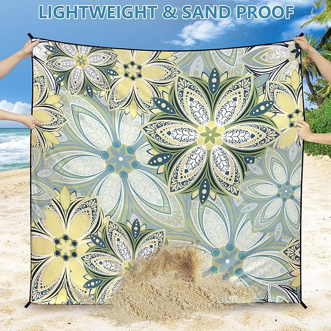 Beach Blanket Waterproof Sandproof Beach Mat for 1-8 Adults Quick Drying Durable Outdoor Picnic Mat for Beach Festival Travel Camping Hiking (Flourishing Blossom-Y&GN, 79"×83"(4 Person))