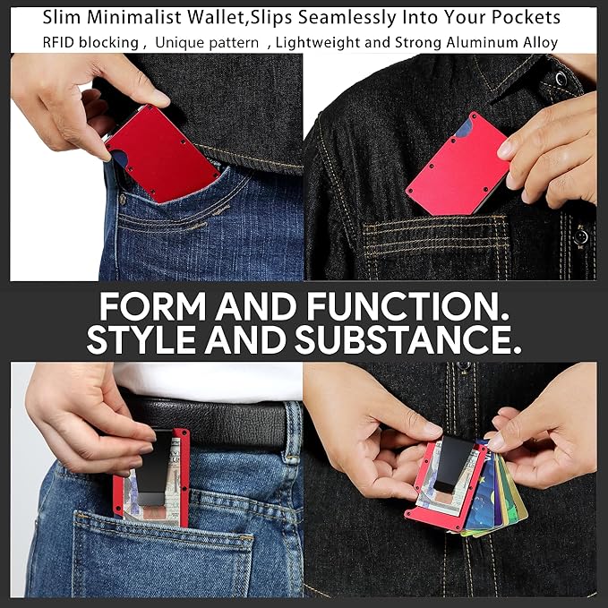 Minimalist Carbon Fiber Wallet for Men, Money Clip Cash Strap Wallet, RFID Blocking Metal Wallet Aluminum Card Holder,Front Pocket Wallet(Matte Red)